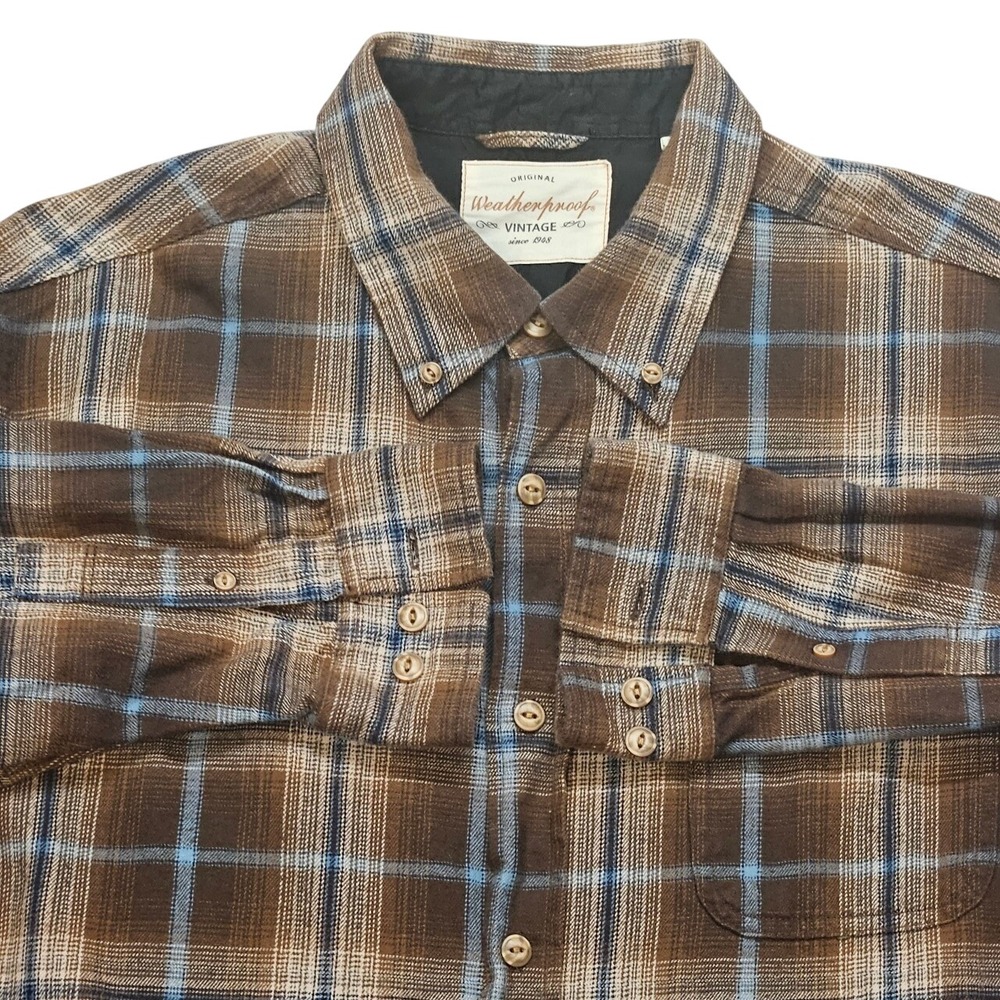 Weatherproof Vintage Mens XL Brown Blue Plaid‎ Cotton Flannel Button Down Shirt